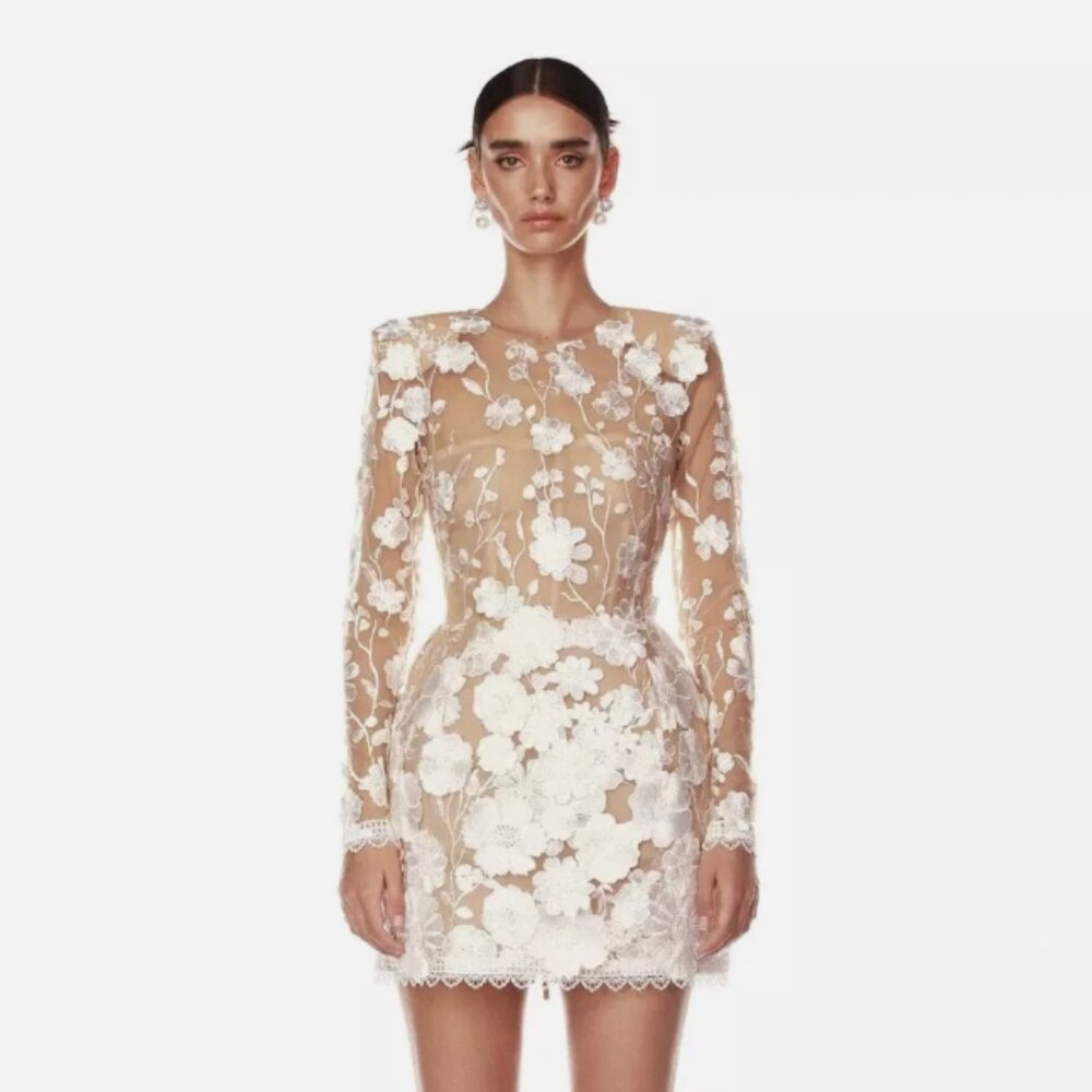 $850 Bronx and Banco Bouquet Maraya Long Sleeve Mini Dress